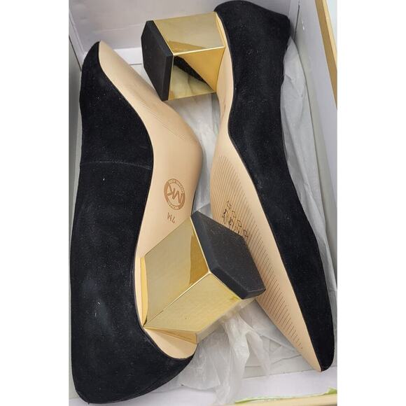 Michael Michael Kors NIB Suede Petra Pumps Black Gold Block Heel Slip On Size 7M - Picture 14 of 14
